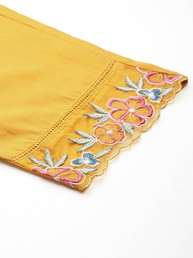 Floral Embroidered Thread Work Pure Silk Kurta with Trousers & Dupatta