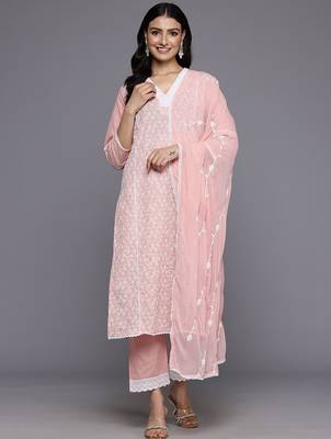 Floral Embroidered Panelled Thread Work Pure Cotton Kurta With Trousers & Dupatta 1