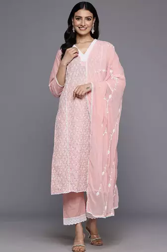 Floral Embroidered Panelled Thread Work Pure Cotton Kurta With Trousers & Dupatta