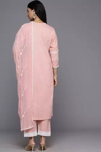 Floral Embroidered Panelled Thread Work Pure Cotton Kurta With Trousers & Dupatta