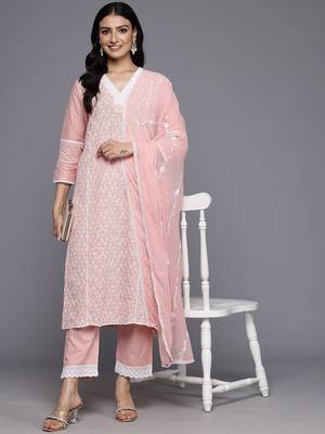 Floral Embroidered Panelled Thread Work Pure Cotton Kurta With Trousers & Dupatta 7