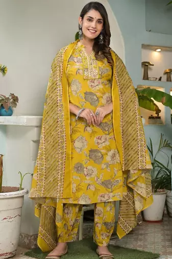 Women Floral Printed Regular Mirror Work Pure Cotton Kurta with Salwar & With Dupatta
