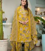 Women Floral Printed Regular Mirror Work Pure Cotton Kurta with Salwar & With Dupatta