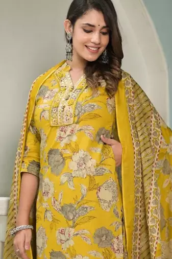 Women Floral Printed Regular Mirror Work Pure Cotton Kurta with Salwar & With Dupatta