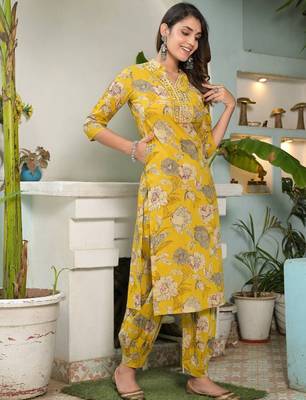 Women Floral Printed Regular Mirror Work Pure Cotton Kurta with Salwar & With Dupatta 3