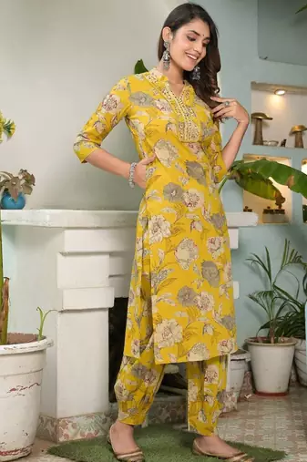 Women Floral Printed Regular Mirror Work Pure Cotton Kurta with Salwar & With Dupatta