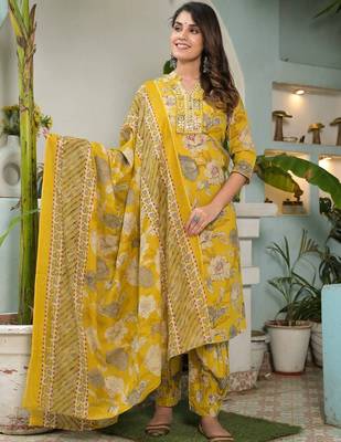 Women Floral Printed Regular Mirror Work Pure Cotton Kurta with Salwar & With Dupatta 5