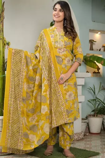Women Floral Printed Regular Mirror Work Pure Cotton Kurta with Salwar & With Dupatta