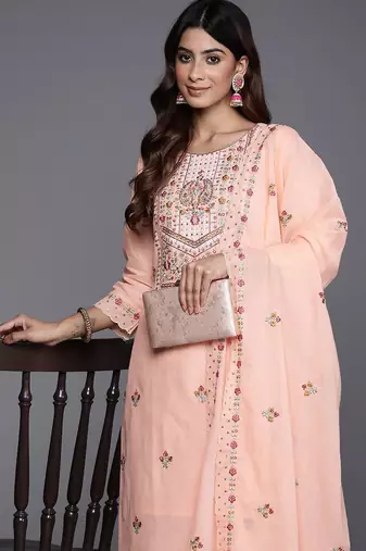 Floral Embroidered Sequinned Pure Cotton Kurta with Trousers & Dupatta