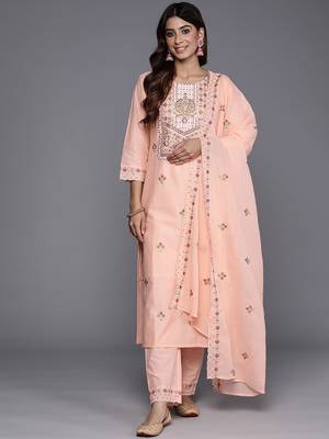 Floral Embroidered Sequinned Pure Cotton Kurta with Trousers & Dupatta 1