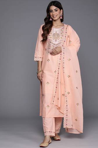 Floral Embroidered Sequinned Pure Cotton Kurta with Trousers & Dupatta