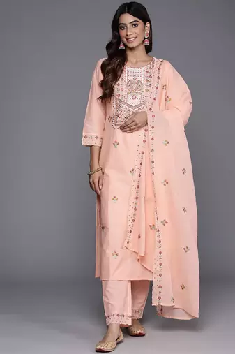 Floral Embroidered Sequinned Pure Cotton Kurta with Trousers & Dupatta