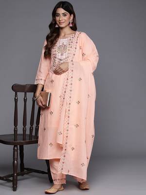 Floral Embroidered Sequinned Pure Cotton Kurta with Trousers & Dupatta 8