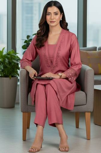 Women Embroidered Regular Thread Work Kurta with Trousers