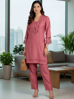 Women Embroidered Regular Thread Work Kurta with Trousers 6