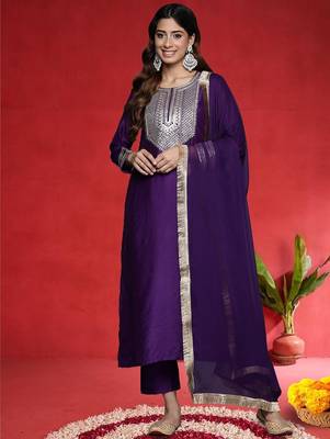 Floral Yoke Design Chanderi Silk Zari Straight Kurta With Trousers & Dupatta 1