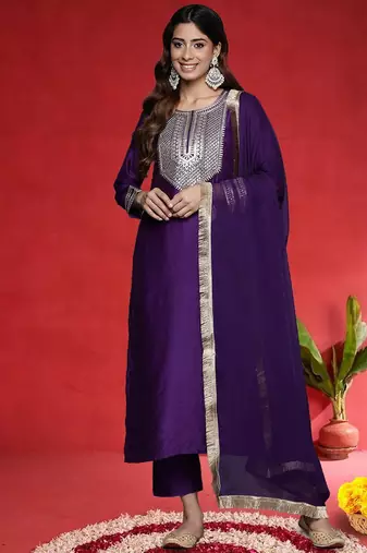 Floral Yoke Design Chanderi Silk Zari Straight Kurta With Trousers & Dupatta