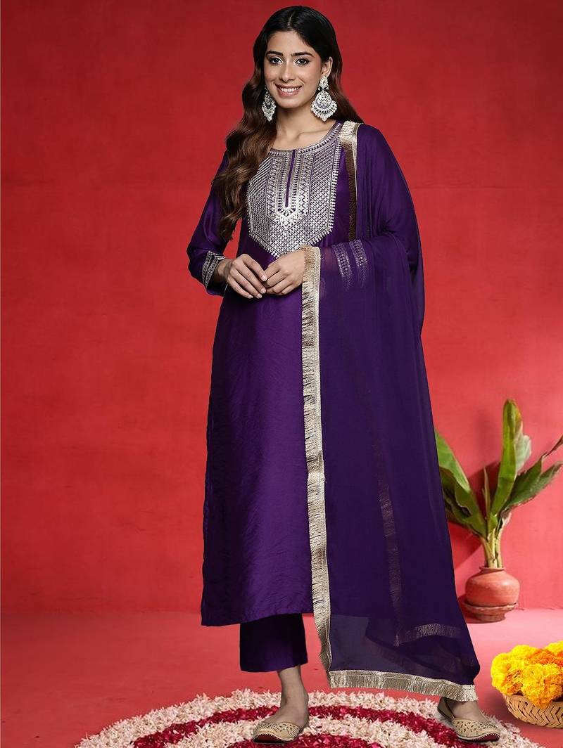 Floral Yoke Design Chanderi Silk Zari Straight Kurta With Trousers & Dupatta