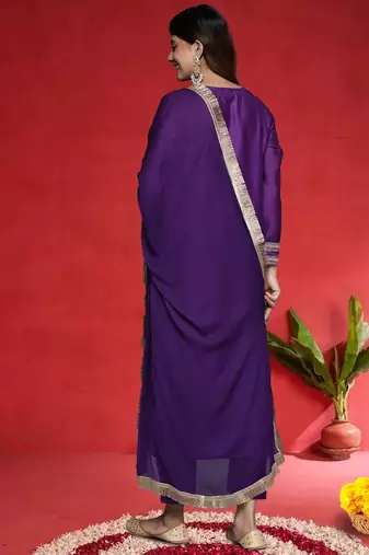 Floral Yoke Design Chanderi Silk Zari Straight Kurta With Trousers & Dupatta