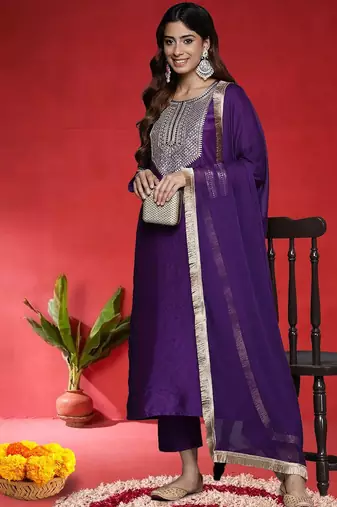 Floral Yoke Design Chanderi Silk Zari Straight Kurta With Trousers & Dupatta