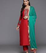 Floral Yoke Design Sequinned Kurta With Trousers & Dupatta