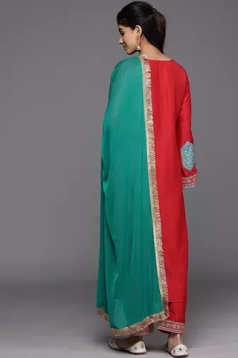 Floral Yoke Design Sequinned Kurta With Trousers & Dupatta