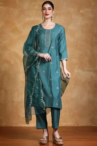 Women Floral Embroidered Regular Thread Work Kurta with Trousers & Dupatta