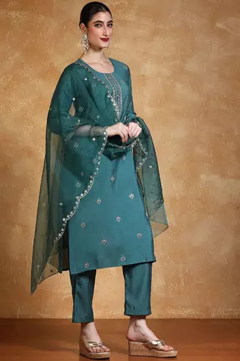 Women Floral Embroidered Regular Thread Work Kurta with Trousers & Dupatta