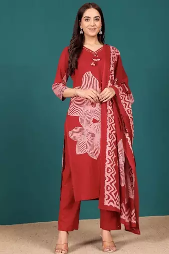 Women Ethnic Motifs Printed Regular Thread Work Kurta with Trousers & With Dupatta