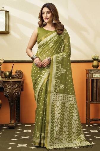 Olive soft cotton jacquard woven with jhallar saree collection