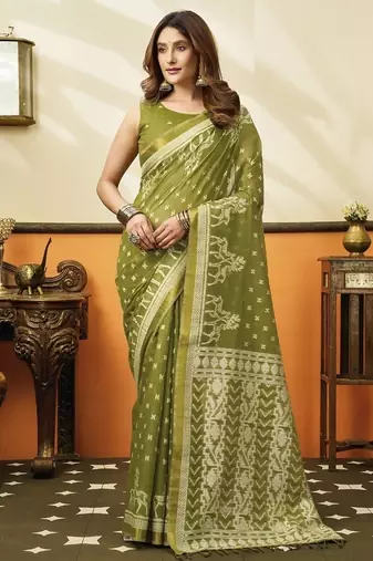 Olive soft cotton jacquard woven with jhallar saree collection