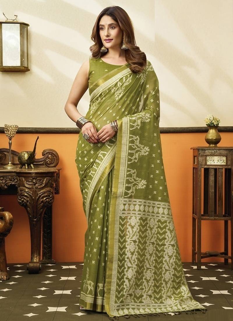Olive soft cotton jacquard woven with jhallar saree collection
