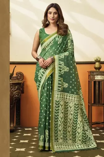 Green soft cotton jacquard woven with jhallar saree collection