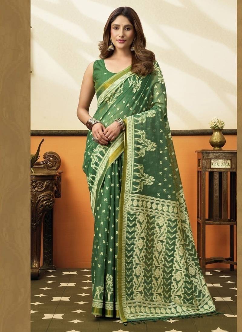 Green soft cotton jacquard woven with jhallar saree collection