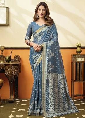 Steel blue soft cotton jacquard woven with jhallar saree collection 1