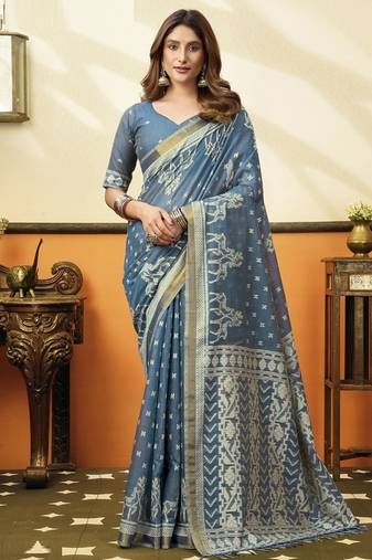 Steel blue soft cotton jacquard woven with jhallar saree collection