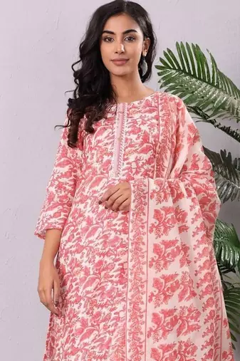 Floral Printed Round Neck Pure Cotton Straight Kurta With Trouser & Dupatta