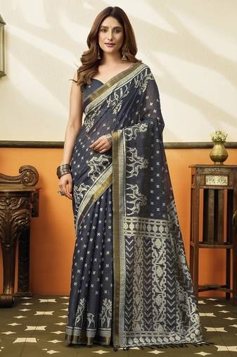 Gray soft cotton jacquard woven with jhallar saree collection