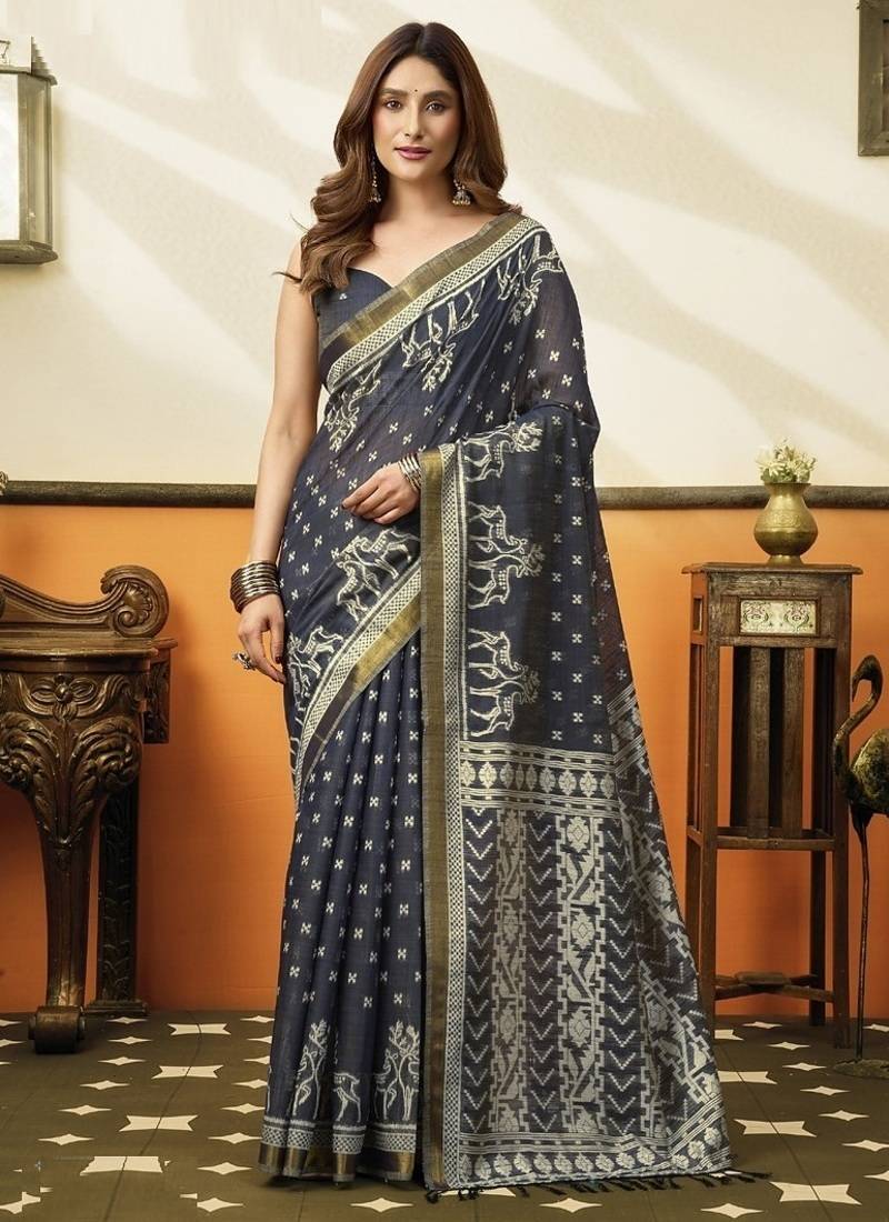 Gray soft cotton jacquard woven with jhallar saree collection