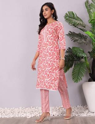 Floral Printed Round Neck Pure Cotton Straight Kurta With Trouser & Dupatta 4