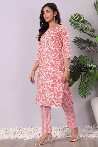 Floral Printed Round Neck Pure Cotton Straight Kurta With Trouser & Dupatta