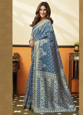 Steel blue soft cotton jacquard woven with jhallar saree collection 2