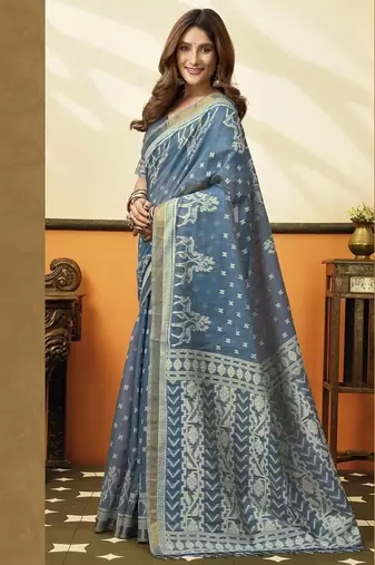 Steel blue soft cotton jacquard woven with jhallar saree collection