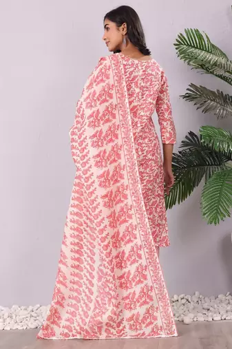 Floral Printed Round Neck Pure Cotton Straight Kurta With Trouser & Dupatta