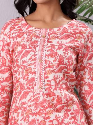 Floral Printed Round Neck Pure Cotton Straight Kurta With Trouser & Dupatta 6