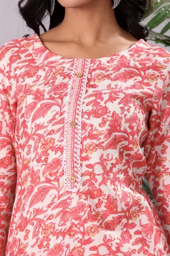 Floral Printed Round Neck Pure Cotton Straight Kurta With Trouser & Dupatta