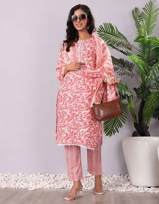 Floral Printed Round Neck Pure Cotton Straight Kurta With Trouser & Dupatta 1