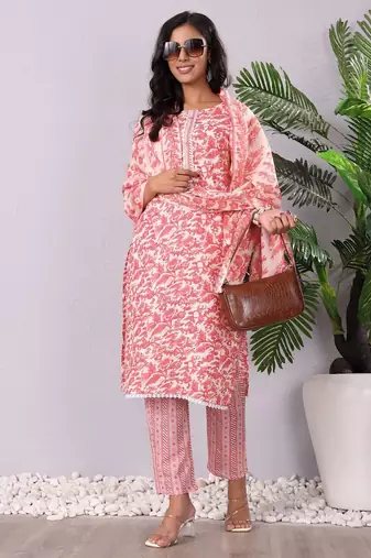 Floral Printed Round Neck Pure Cotton Straight Kurta With Trouser & Dupatta