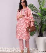 Floral Printed Round Neck Pure Cotton Straight Kurta With Trouser & Dupatta