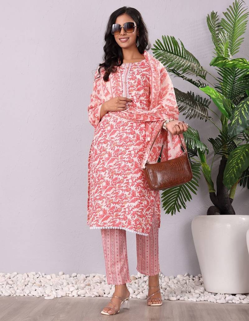 Floral Printed Round Neck Pure Cotton Straight Kurta With Trouser & Dupatta
